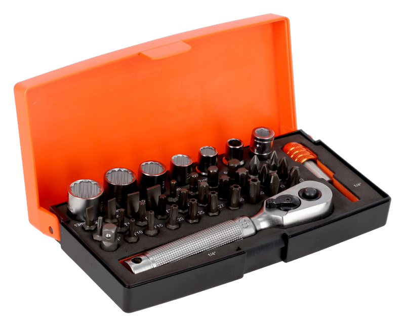 Bahco S39MH 1/4" Square Drive Socket Set with Metric Bi-hex Profile & Screwdriver Bits/Bit Holder - 39 Pcs