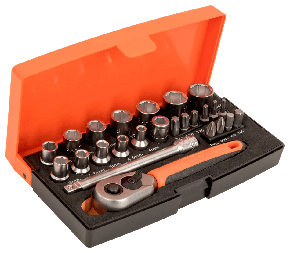 Bahco SBSL25 1/4" Square Drive Socket Set with Metric Hex Profile and Screwdriver Bits/Bit Holder, 25 Pcs/Case Retail Pack