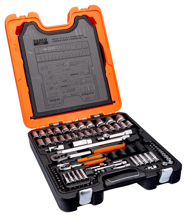 Bahco S108 1/4" and 1/2" Square Drive Socket Set with Combination Spanner Set/Socket Drivers