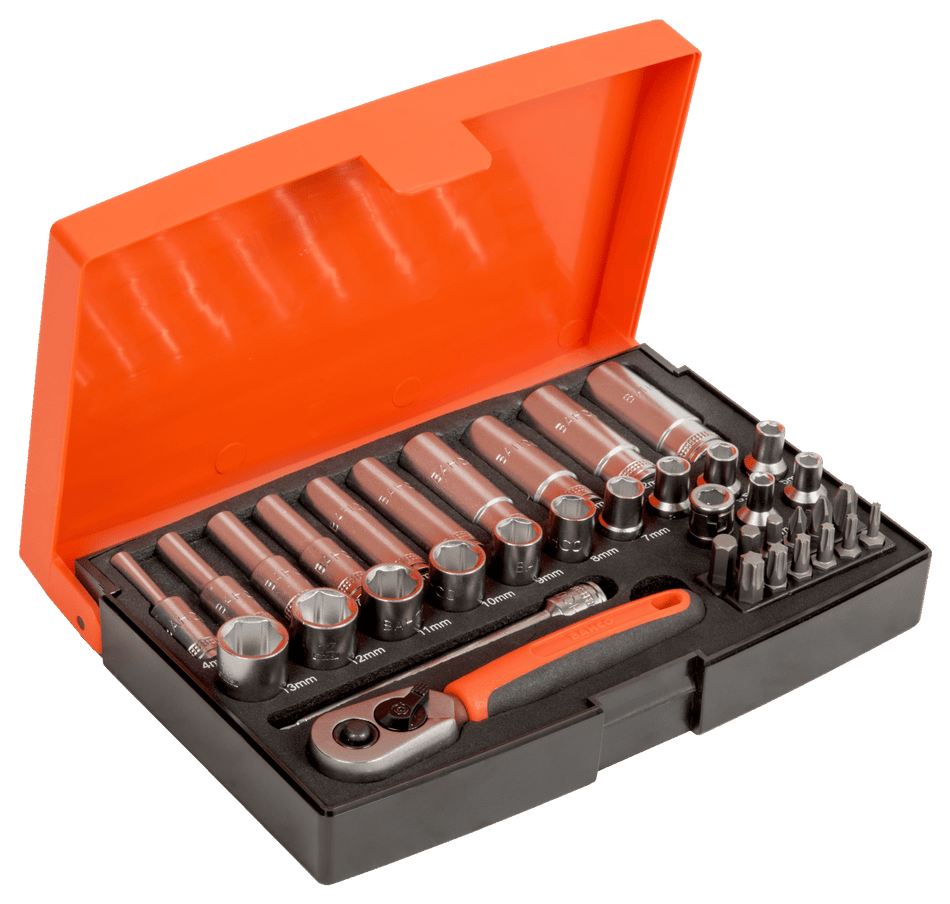 Bahco SL25L 1/4" Square Drive Socket and Deep Socket Set with Metric Hex Profile and Screwdriver Bits