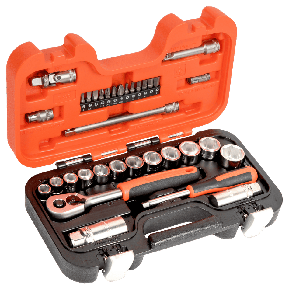 Bahco S330 1/4" and 3/8" Square Drive Socket Set with Metric Hex Profile and Ratchet