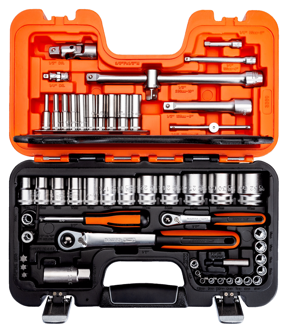 Bahco S560 1/4" and 1/2" Square Drive Socket Set with Metric Bi-Hex Profile and Slim Head Ratchet