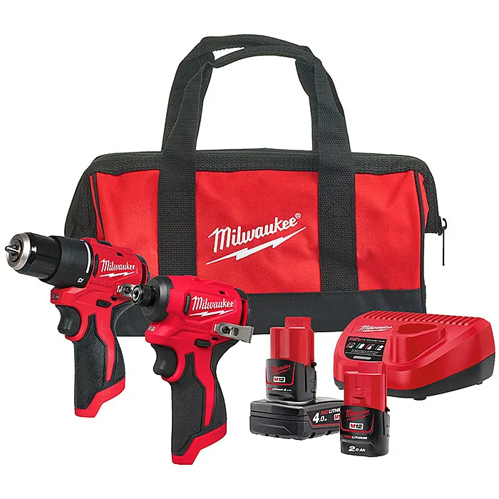 Milwaukee 4933500426 M12 BLPP2B-422B 12V Brushless Combi Drill & Impact Driver Twin Pack with 1 x 4.0Ah & 1 x 2.0Ah Battery