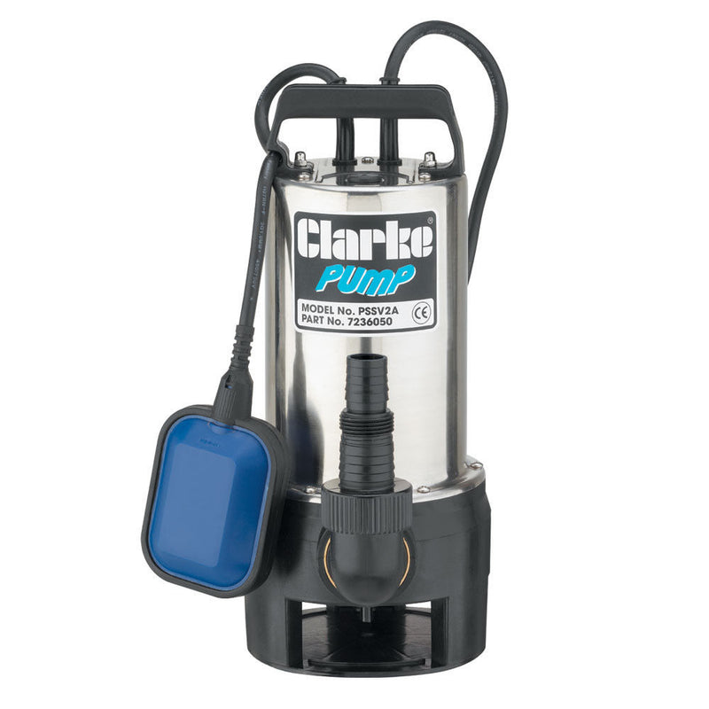 Clarke 7236050 PSSV2A 1_" 900W 208Lpm 8m Head Stainless Steel Submersible Dirty Water Pump with Float Switch (230V)