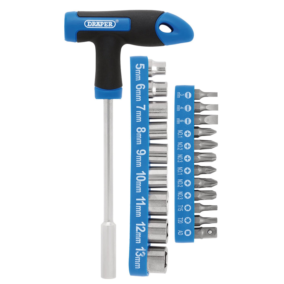 Draper 21011 T-Handle Screwdriver, Socket and Bit Set, 1/4" Sq. Dr. (22 Piece)