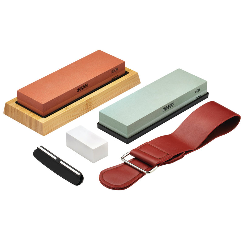 Draper 23968 Whetstone Sharpening Stone Set with Non-Slip Base and Angle Guide, 400/1000/3000/8000 Grit