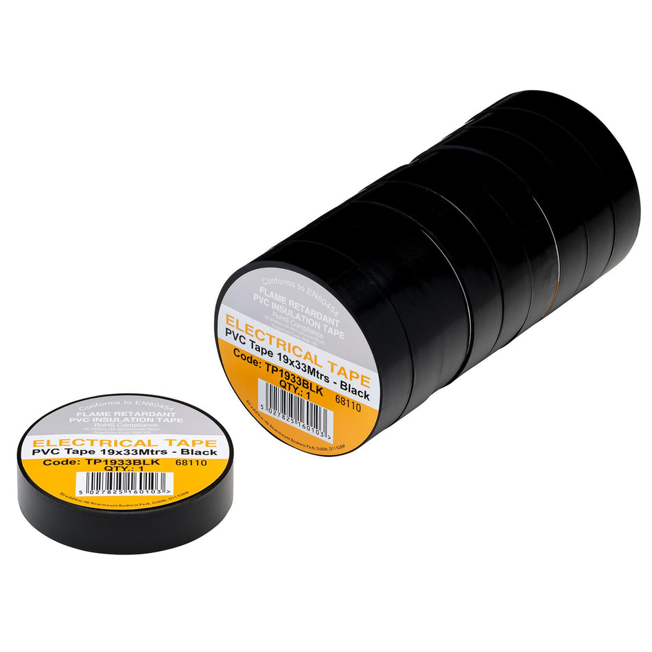 DRAPER 29496 Black PVC Electrical Insulation Tape, 19mm x 33m (Pack of 10)