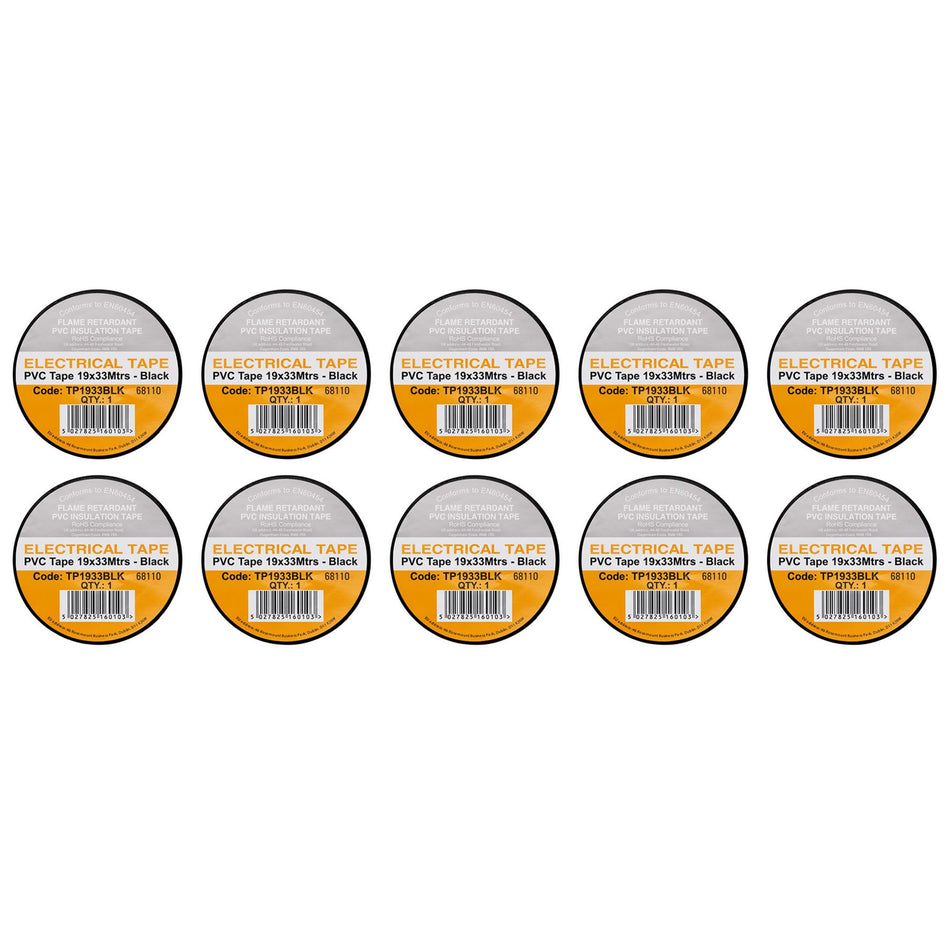 DRAPER 29496 Black PVC Electrical Insulation Tape, 19mm x 33m (Pack of 10)