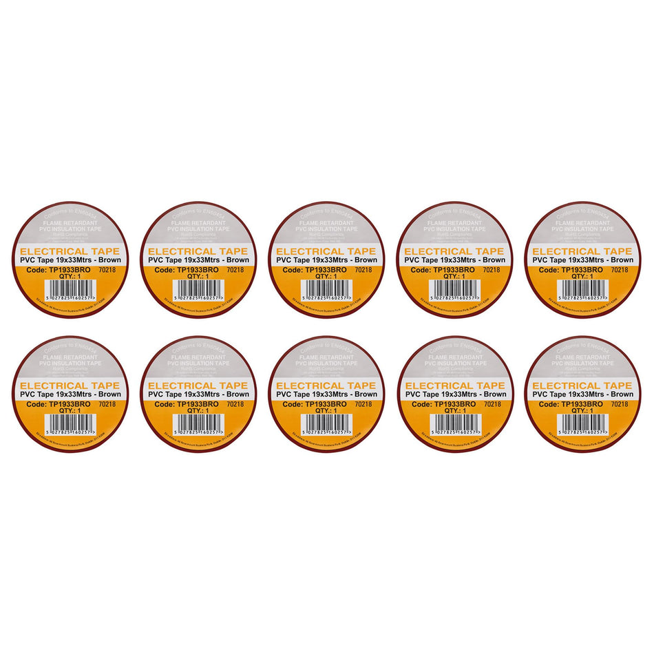 DRAPER 29498 Brown PVC Electrical Insulation Tape, 19mm x 33m (Pack of 10)