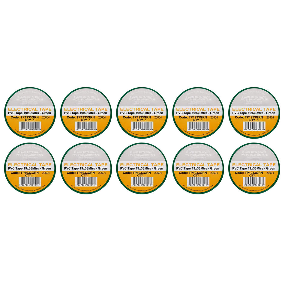 DRAPER 29499 Green PVC Electrical Insulation Tape, 19mm x 33m (Pack of 10)