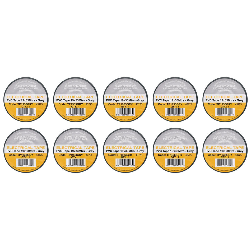 DRAPER 29500 Grey PVC Electrical Insulation Tape, 19mm x 33m (Pack of 10)