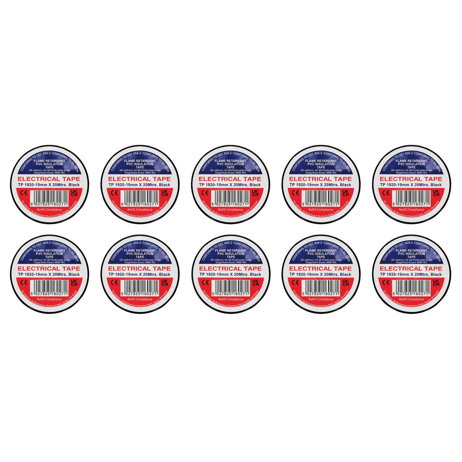 DRAPER 29505 Black PVC Electrical Insulation Tape, 19mm x 20m (Pack of 10)