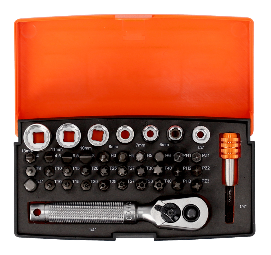 Bahco S39MH 1/4" Square Drive Socket Set with Metric Bi-hex Profile & Screwdriver Bits/Bit Holder - 39 Pcs
