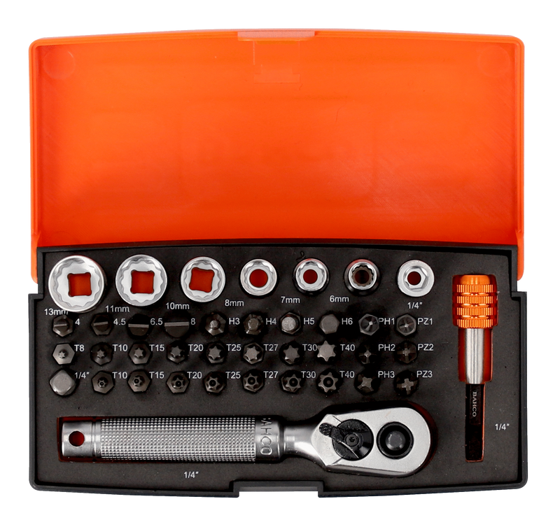 Bahco S39MH 1/4" Square Drive Socket Set with Metric Bi-hex Profile & Screwdriver Bits/Bit Holder - 39 Pcs
