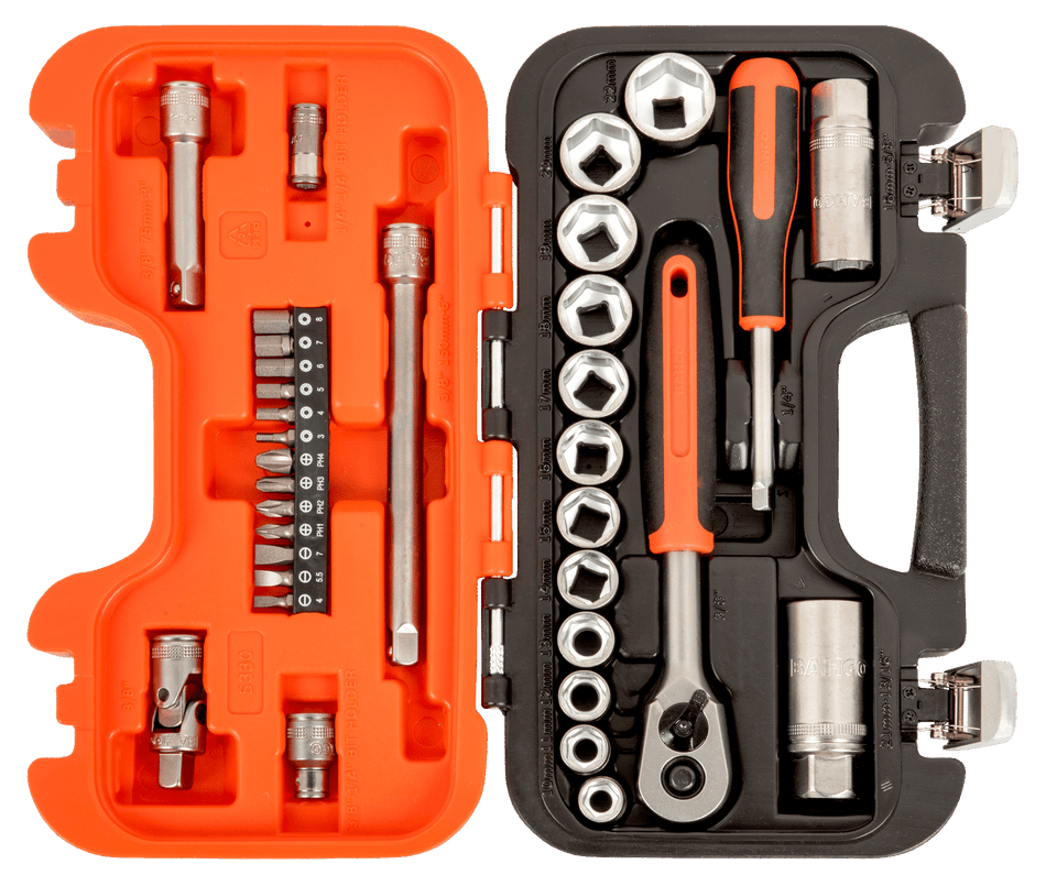 Bahco S330 1/4" and 3/8" Square Drive Socket Set with Metric Hex Profile and Ratchet