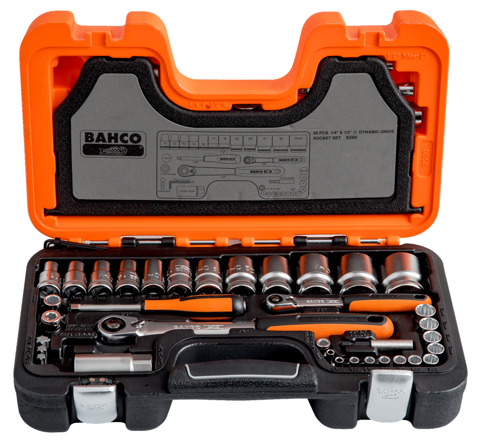 Bahco S560 1/4" and 1/2" Square Drive Socket Set with Metric Bi-Hex Profile and Slim Head Ratchet