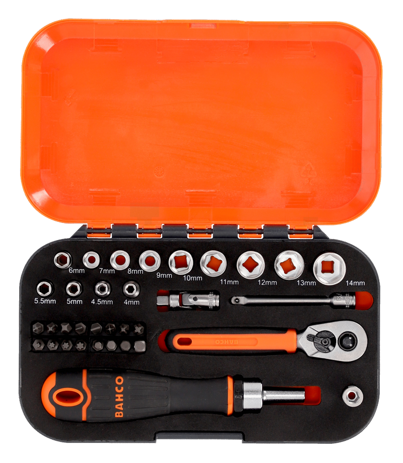 Bahco S34MC8H 1/4" Square Drive Socket & Bit Set with Metric Hex Profile - 34 Pcs