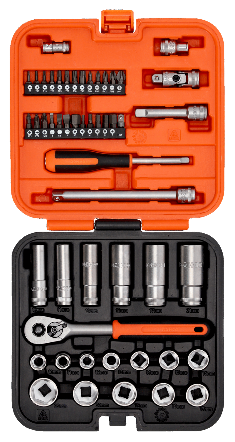 Bahco S51MC3H 3/8" Square Drive Standard & Deep Socket Set with Metric Hex Profile & 1/4" Bits - 51 Pcs