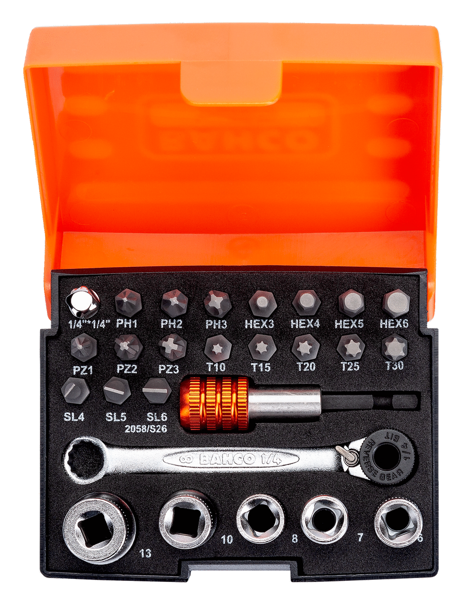 Bahco 2058/S26 1/4" Standard Bit & Socket Set for Slotted/Phillips/Pozidriv/TORX®/Hex Head Screw - 26 Pcs