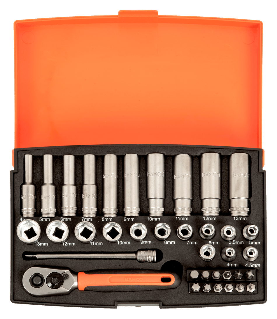 Bahco SL25L 1/4" Square Drive Socket and Deep Socket Set with Metric Hex Profile and Screwdriver Bits