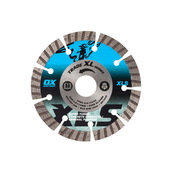 OX Tools OX-XLS-115/22 Trade XL Super - Turbo Segmented Diamond Blade - Concrete & GP - 115/22.23mm