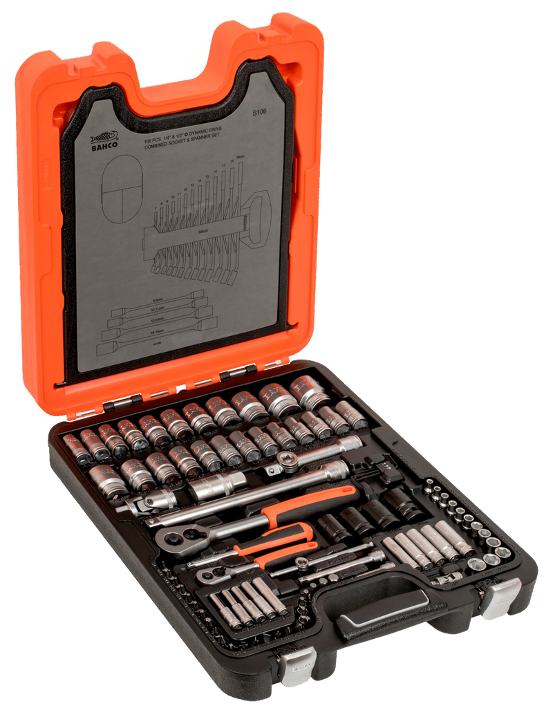 Bahco S106 1/4" and 1/2" Square Drive Socket Set with Combination Spanner Set/L-Keys