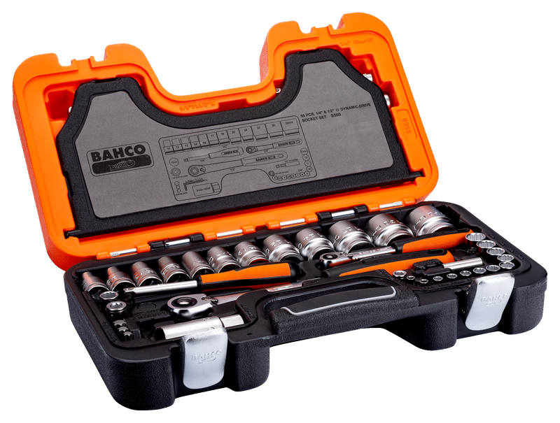 Bahco S560 1/4" and 1/2" Square Drive Socket Set with Metric Bi-Hex Profile and Slim Head Ratchet