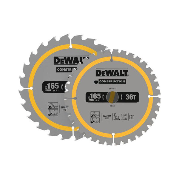 DeWalt DT90270-QZ Construction Circular Saw Blade 2 Pack 165 X 20mm X 24T/36T