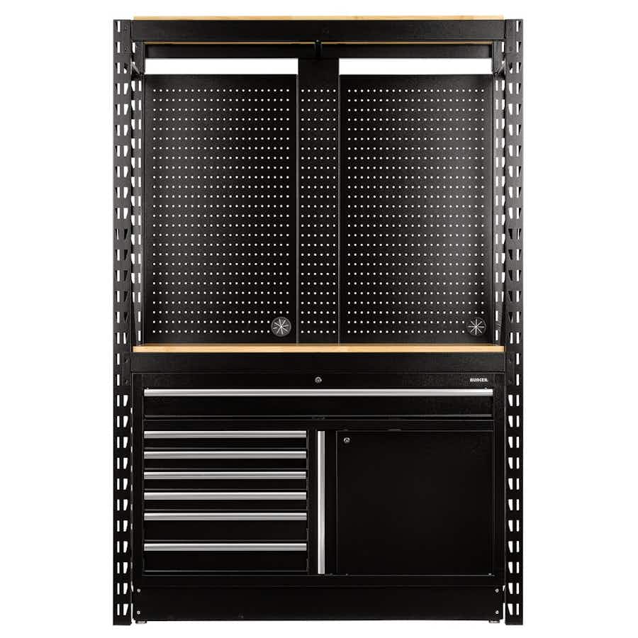 BUNKER® 28005 14 Piece Modular Storage Combo 2 Tier Racking with Hardwood Shelving, Pegboards and Floor Cabinet, 1500mm