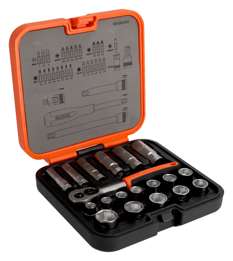 Bahco S51MC3H 3/8" Square Drive Standard & Deep Socket Set with Metric Hex Profile & 1/4" Bits - 51 Pcs