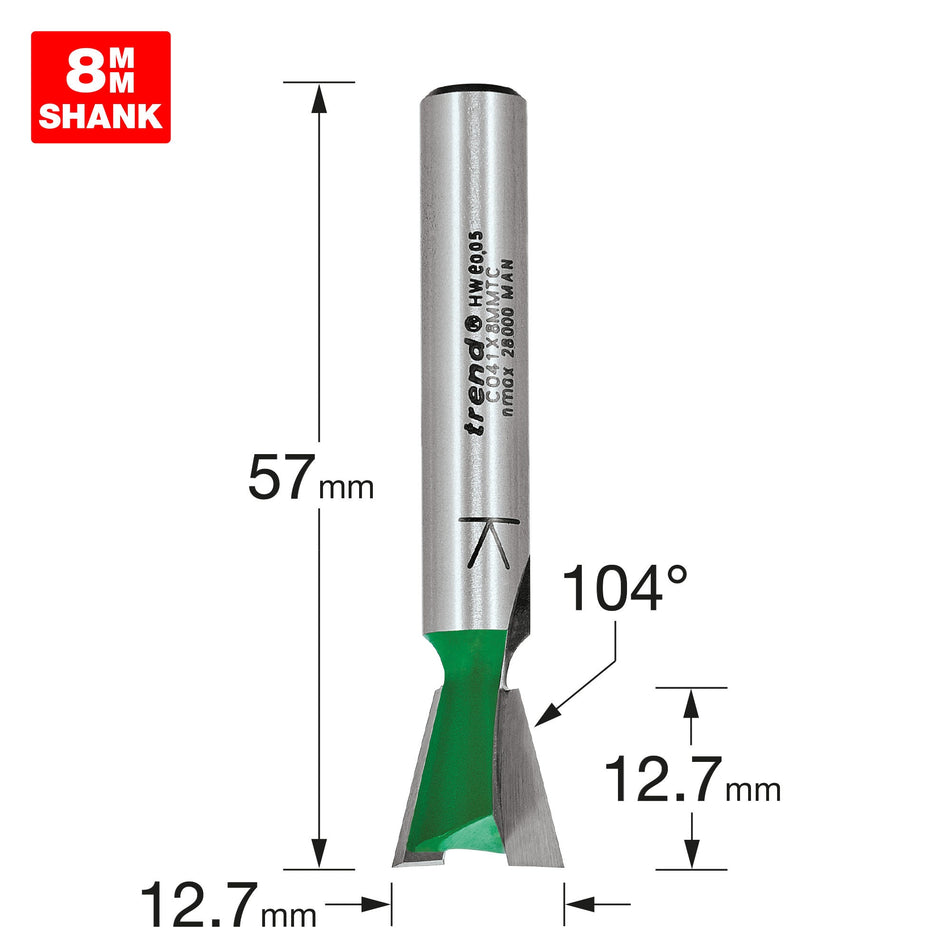 Trend Tools C041X8MMTC Dovetail Cutter Angle=104 Degrees X 12.7Mm Diameter
