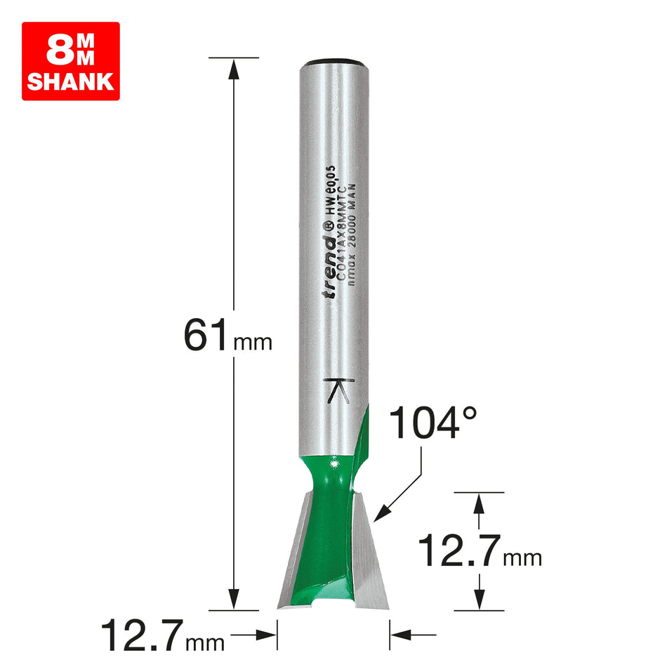 Trend Tools C041AX8MMTC Dovetail Cutter Angle=104 Degrees X 12.7Mm Diameter