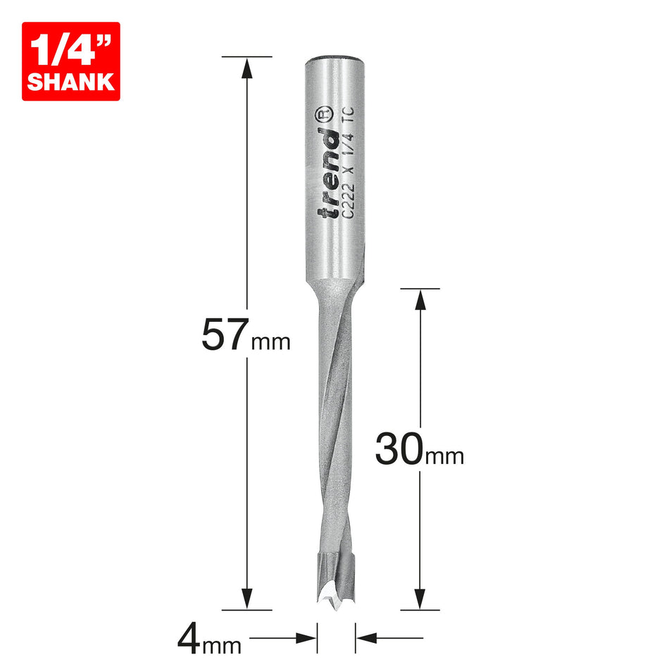 Trend Tools C222X1/4TC Dowel Drill 4Mm X 30Mm Cut