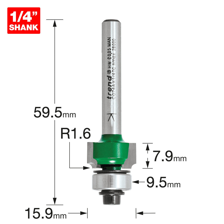 Trend Tools C074AX1/4TC Rounding Over 1.6Mm Radius X 7.9Mm Cut
