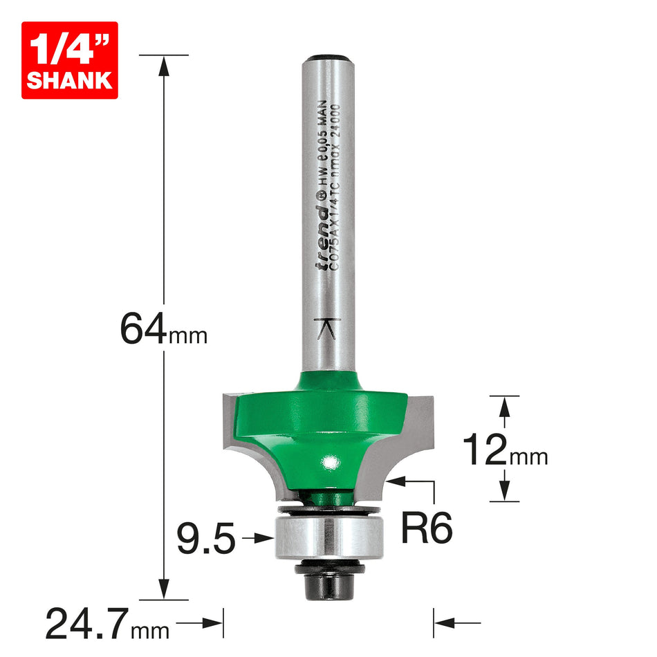 Trend Tools C075AX1/4TC Rounding Over 6.0Mm Radius X 12Mm Cut
