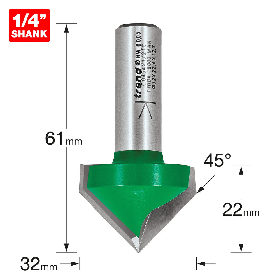Trend Tools C045AX1/2TC Chamfer V Groove Cutter Angle=45 Degrees
