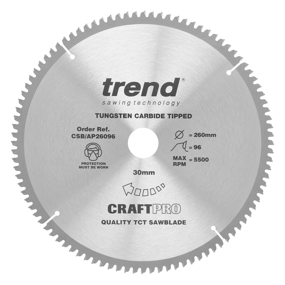 Trend Tools CSB/AP26096 Trend Aluminium/Plastic Circular Saw Blade 260Mm X 30Mm X 96T