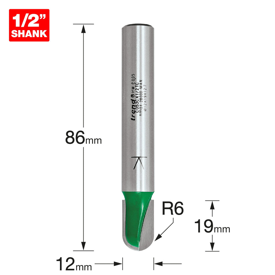 Trend Tools C053CX1/2TC Trend Craftpro 1/2" Tct 6.0Mm Radius Draining Groove Router Cutter, 12Mm X 19Mm.