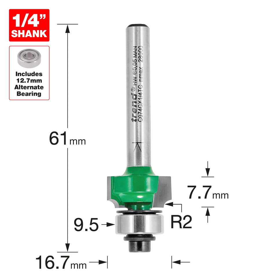 Trend Tools C074CX1/4TC Rounding Over 2.0Mm Radius X 9.5Mm Cut