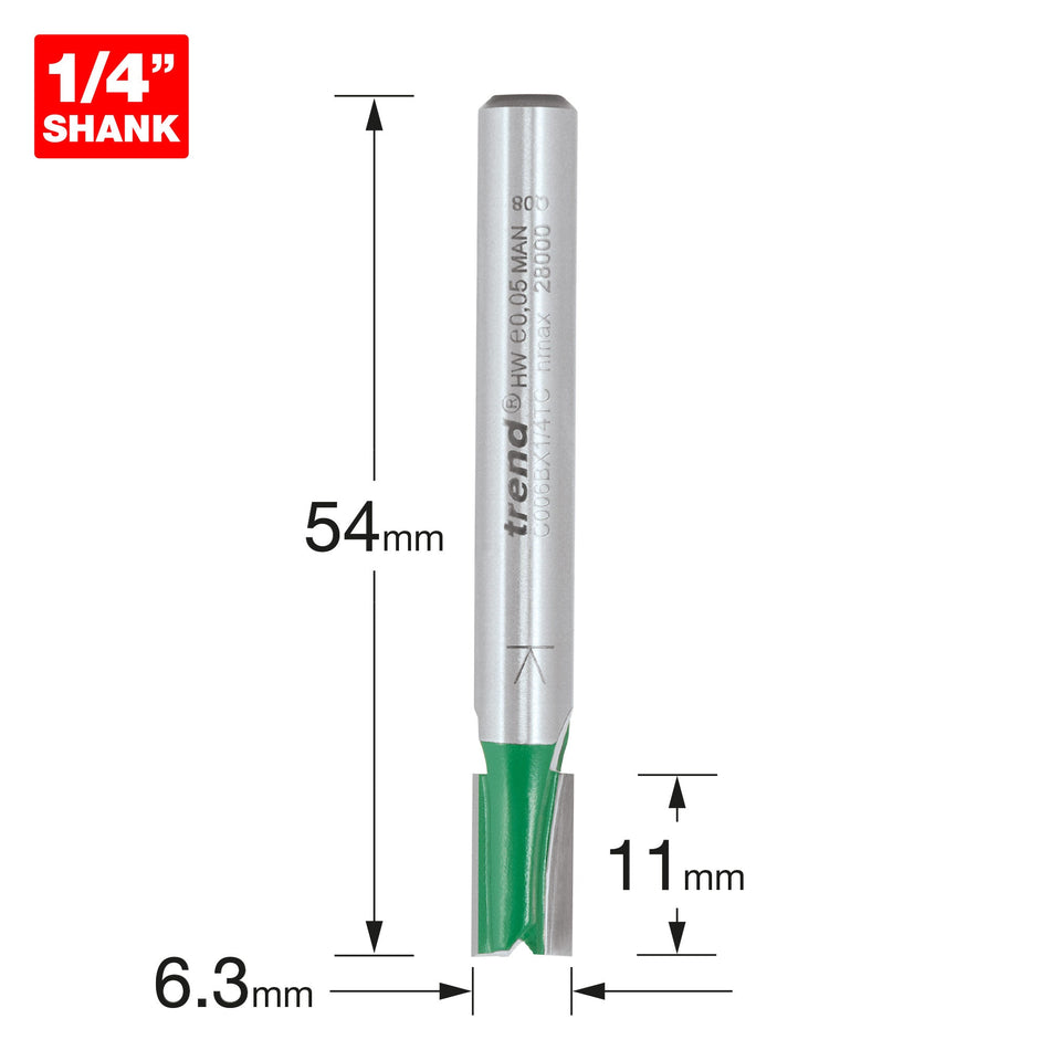 Trend Tools C006BX1/4TC Trend Craftpro 1/4In Shank Two Flute Straight Router Cutter Bit 6.3Mm Dia X 11Mm Cut Depth
