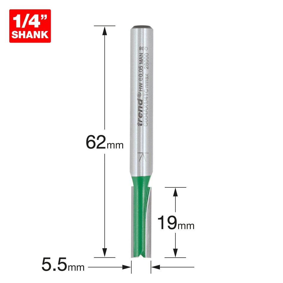 Trend Tools C004AX1/4TC Trend Craftpro 1/4In Shank Two Flute Straight Router Cutter Bit Ref: 5.5Mm Dia X 19Mm Cut Depth