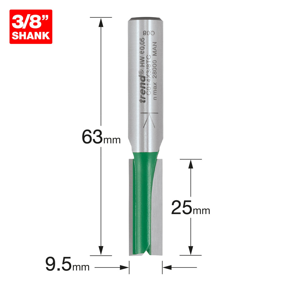 Trend Tools C014X3/8TC Trend Craftpro 3/8In Shank Two Flute Straight Router Cutter Bit 9.5Mm Dia X 25Mm Cut Depth