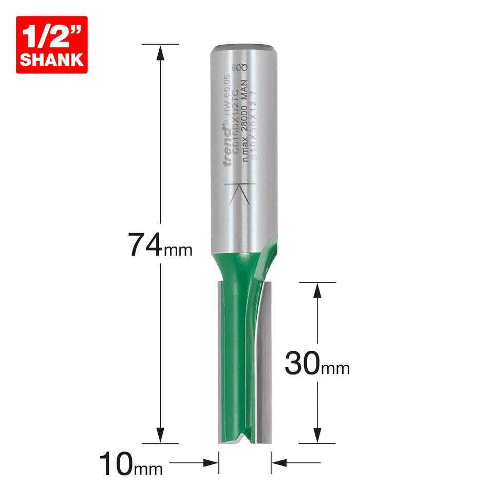 Trend Tools C016DX1/2TC Trend Craftpro 1/2In Shank Two Flute Straight Router Cutter Bit 10Mm Dia X 30Mm Cut Depth