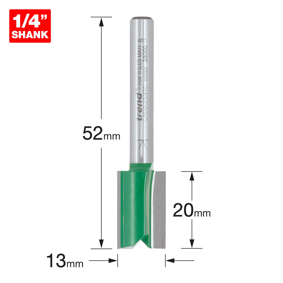 Trend Tools C164AX1/4TC Trend Craftpro 1/4In Two Flute Straight Router Cutter Bit 13 Dia X 20Mm Cut Depth
