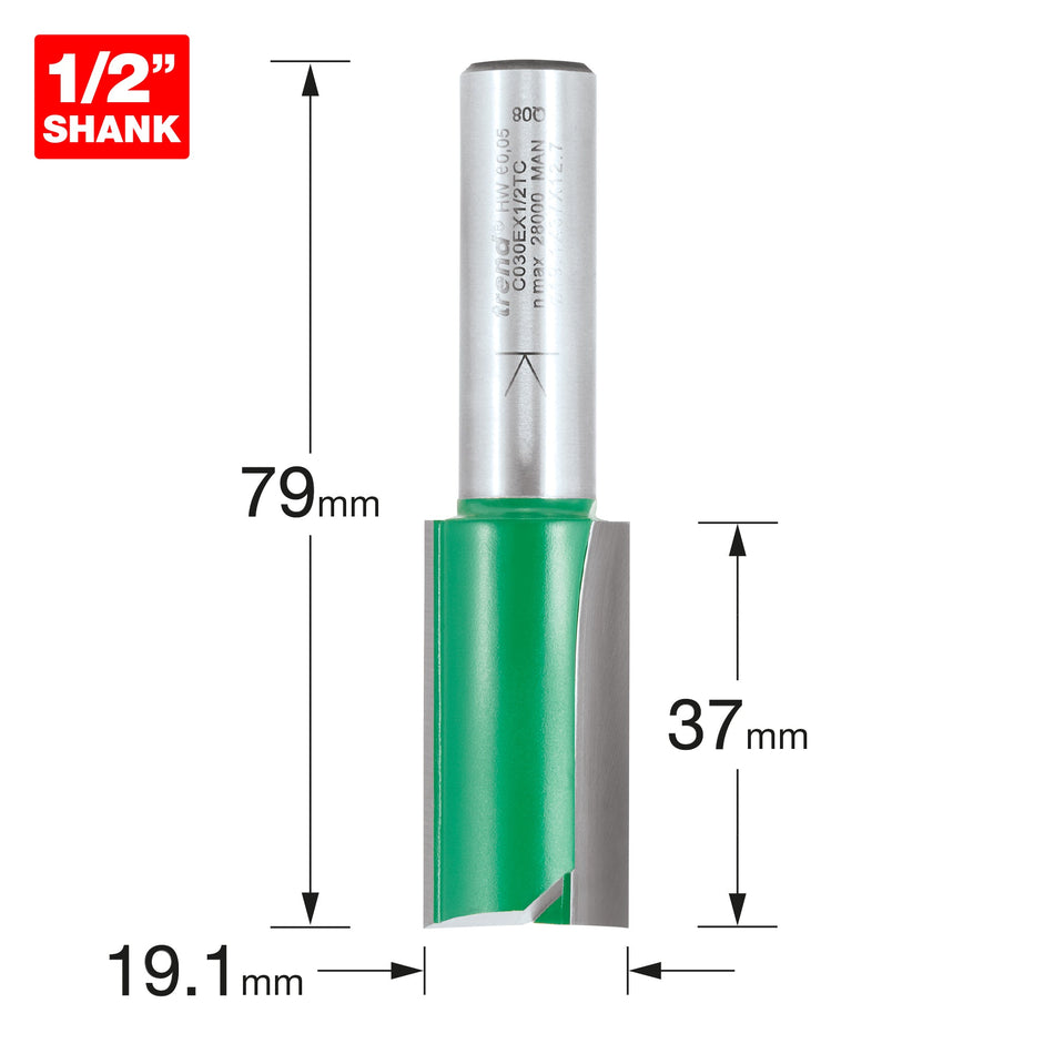 Trend Tools C030EX1/2TC Trend Craftpro 1/2In Shank Two Flute Straight Router Cutter Bit 19.1Mm Dia X 37Mm Cut Depth