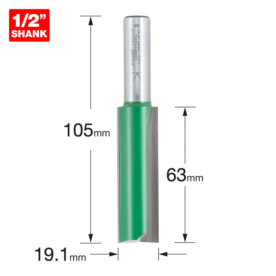 Trend Tools C030FX1/2TC Trend Craftpro 1/2In Shank Two Flute Straight Router Cutter Bit 19.1Mm Dia X 63Mm Cut Depth