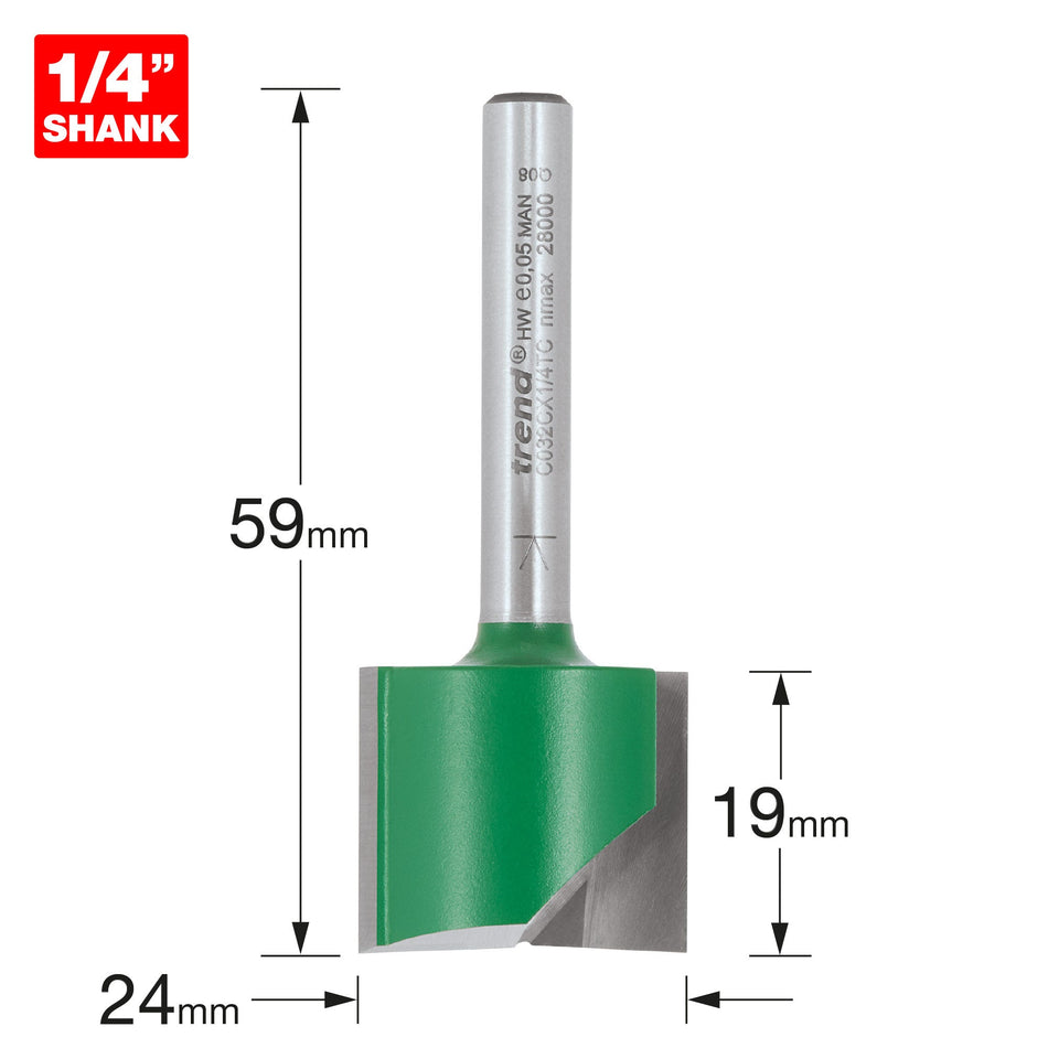 Trend Tools C032CX1/4TC Trend Craftpro 1/4In Shank Two Flute Straight Router Cutter Bit 24Mm Dia X 19Mm Cut Depth