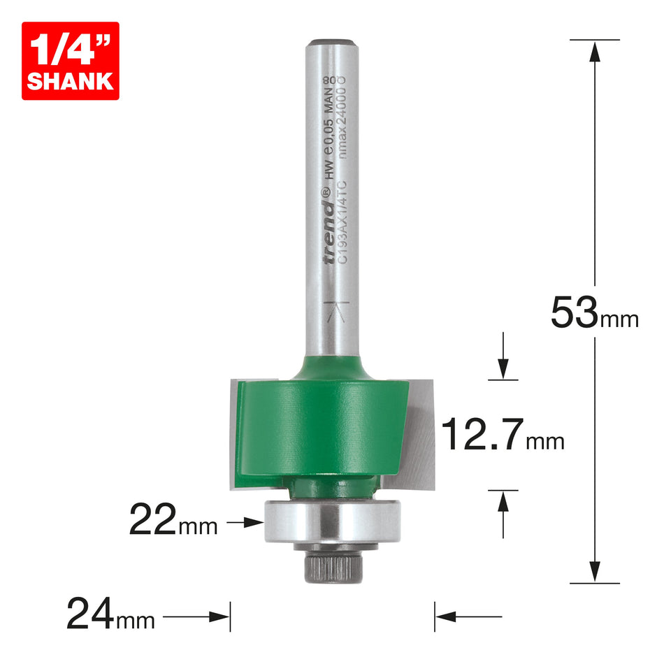 Trend Tools C193AX1/4TC Trend Craftpro 1/4In Bearing Guided Rebater 24Mm Dia X 12.7Mm Cut Depth