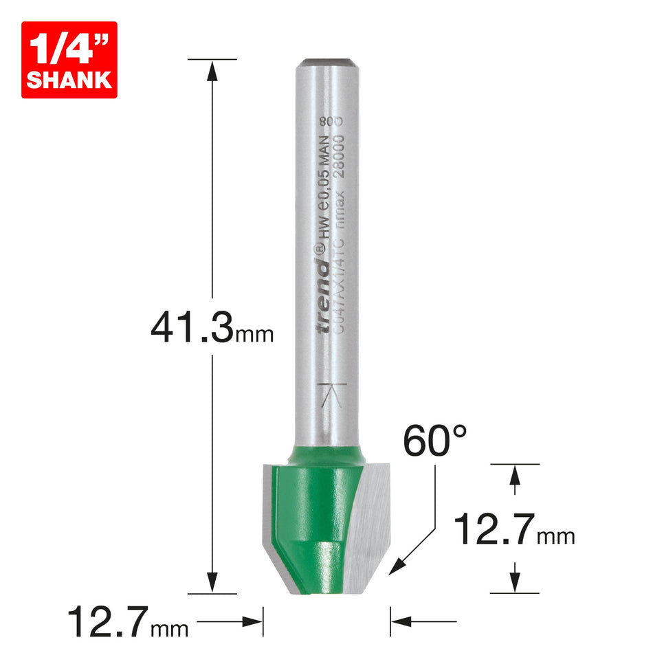 Trend Tools C047AX1/4TC Trend Craftpro 1/4In Combi Trimmer 60 Degree Angle Bit 12.7Mm X 12.7