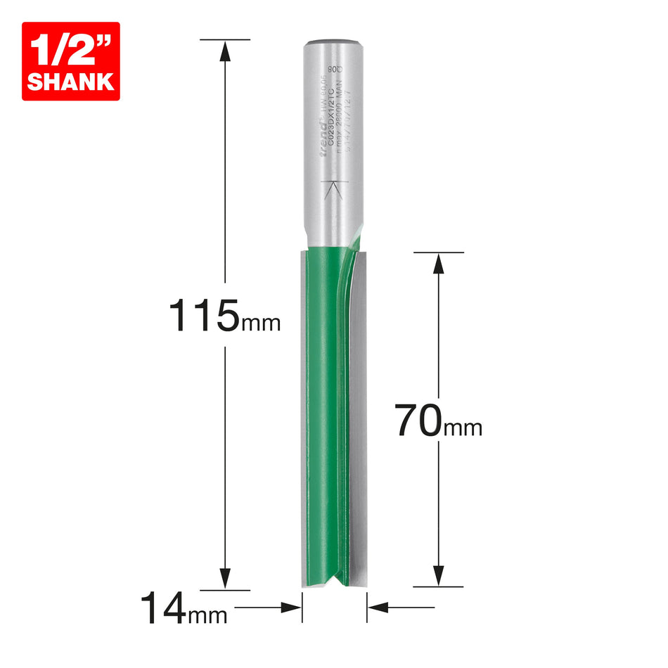Trend Tools C023DX1/2TC Trend Craftpro 1/2In Shank Two Flute Straight Router Cutter Bit 14Mm Dia X 70Mm Cut Depth